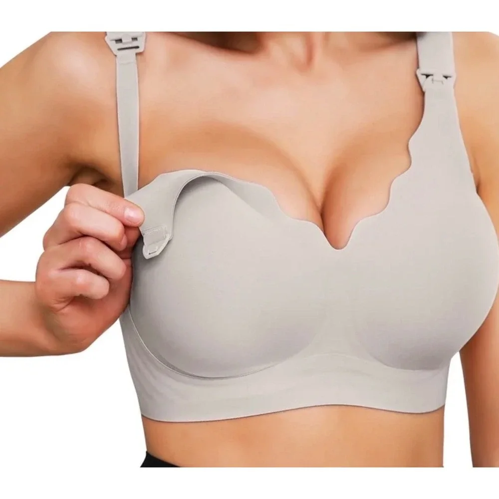 Momfree Nursing Bras  L Nude Grey 2-Pack Seamless Wireless Scalloped Maternity